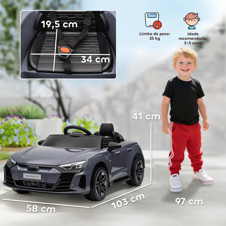 Carro Elétrico AUDI RS E-Tron GT para Crianças de 3-6 Anos Carro de Bateria 12V com 2 Motores Controlo Remoto Faróis LED Buzina Música USB e Abertura de Porta 3-5km/h 103x58x41 cm Cinzento