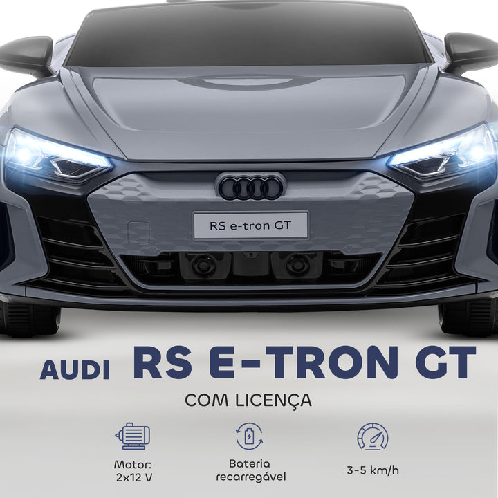 Carro Elétrico AUDI RS E-Tron GT para Crianças de 3-6 Anos Carro de Bateria 12V com 2 Motores Controlo Remoto Faróis LED Buzina Música USB e Abertura de Porta 3-5km/h 103x58x41 cm Cinzento