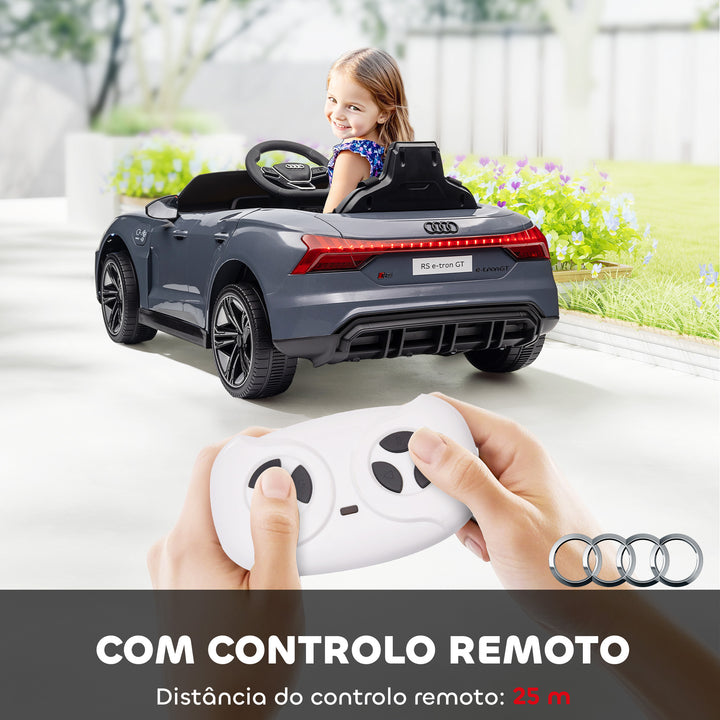 Carro Elétrico AUDI RS E-Tron GT para Crianças de 3-6 Anos Carro de Bateria 12V com 2 Motores Controlo Remoto Faróis LED Buzina Música USB e Abertura de Porta 3-5km/h 103x58x41 cm Cinzento
