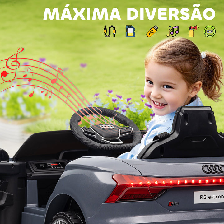 Carro Elétrico AUDI RS E-Tron GT para Crianças de 3-6 Anos Carro de Bateria 12V com 2 Motores Controlo Remoto Faróis LED Buzina Música USB e Abertura de Porta 3-5km/h 103x58x41 cm Cinzento