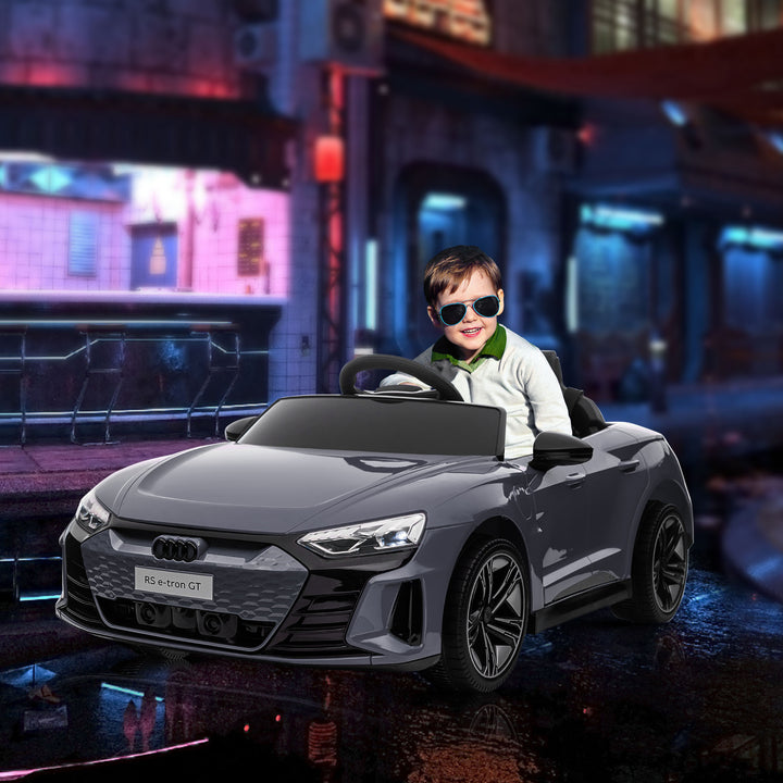 Carro Elétrico AUDI RS E-Tron GT para Crianças de 3-6 Anos Carro de Bateria 12V com 2 Motores Controlo Remoto Faróis LED Buzina Música USB e Abertura de Porta 3-5km/h 103x58x41 cm Cinzento