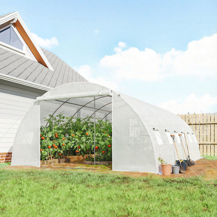 Estufa de Exterior 6x4x2 m, Estufa Tipo Túnel com 2 Barras de Suporte, Portas Enroláveis, Janelas com Rede, Cobertura de PE e Estrutura de Aço Galvanizado, Anti-UV, Impermeável, Branco