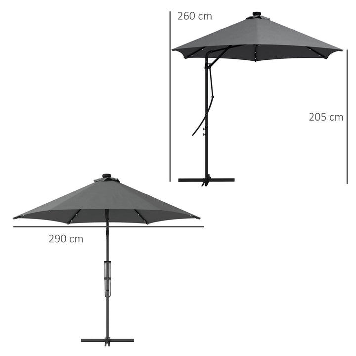 Chapéu de Sol Excêntrico de 3 m com Luzes LED Chapéu de Sol de Jardim com Manivela e Base em Cruz para Exterior Pátio Terraço Cinza Escuro