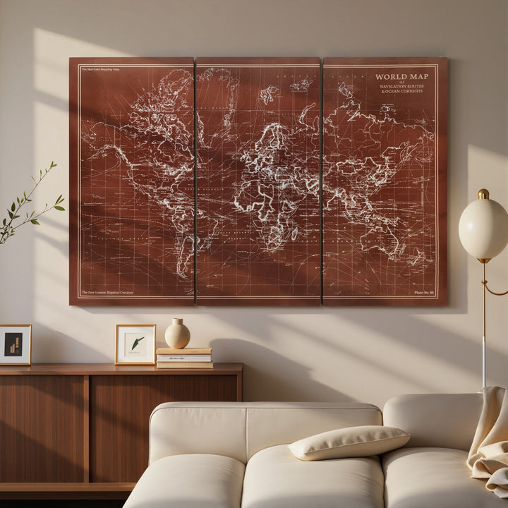 Quadros Decorativos Mapa Múndi Vintage Pintados à Mão 120x60 cm Quadros de Arte de Parede com Moldura de Madeira Decoração Elegante para Quarto Salão Cozinha Castanho