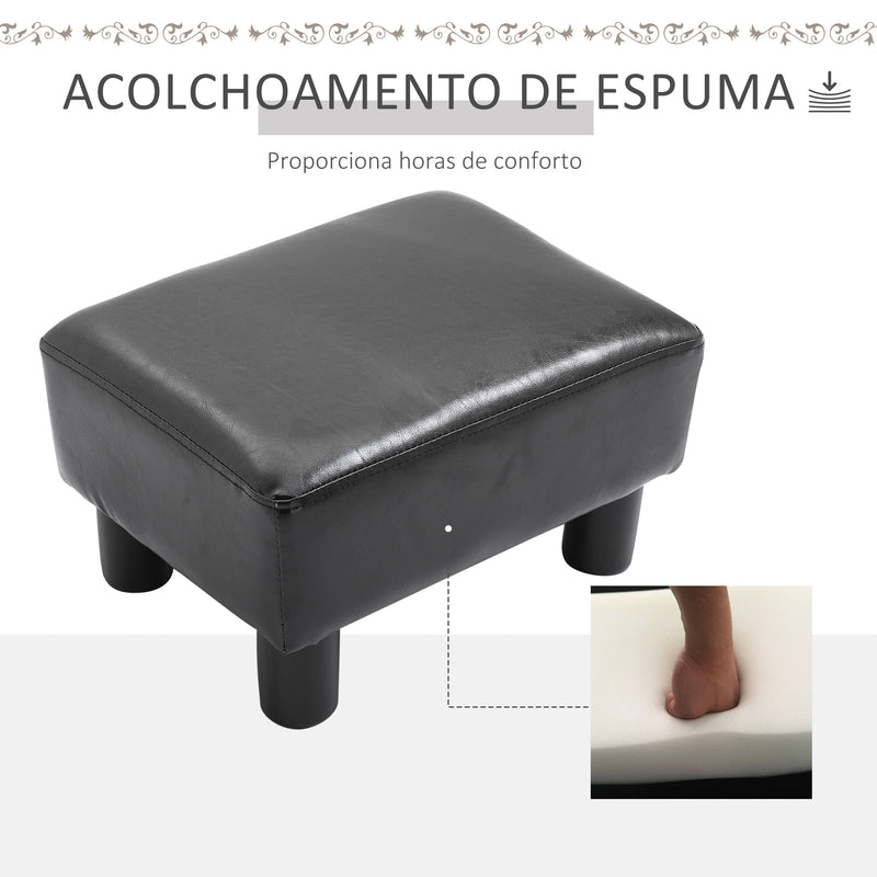 Apoio para os Pés Octomano Banco Pequeno Estofado em Pele Sintética com Assento Acolchoado de Espuma e Pés de Plástico para Sala de Estar Dormitório 40x30x24 cm Preto