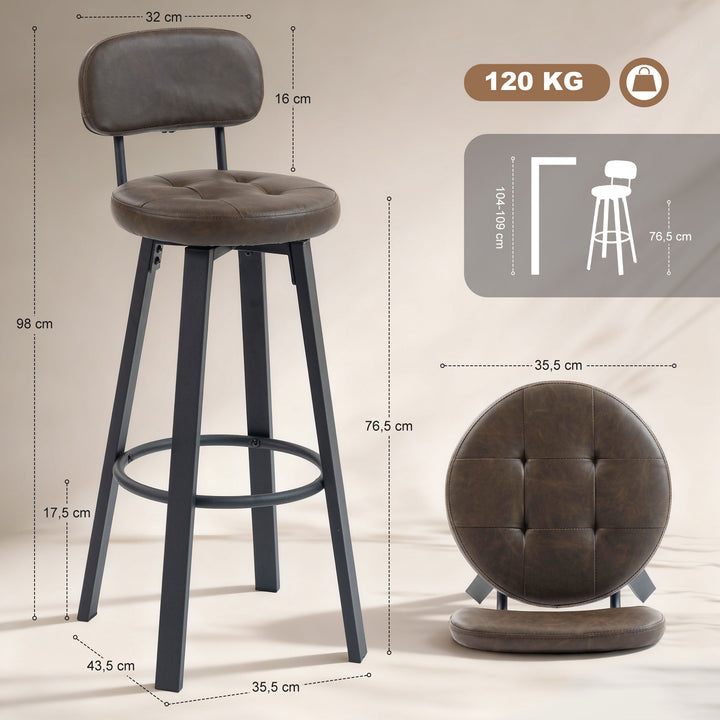Conjunto de 2 Bancos de Bar Bancos Altos de Cozinha Giratórios Estofados em PU com Encosto Estrutura de Metal Apoio para os Pés Assento a 76,5 cm de Altura Castanho Escuro