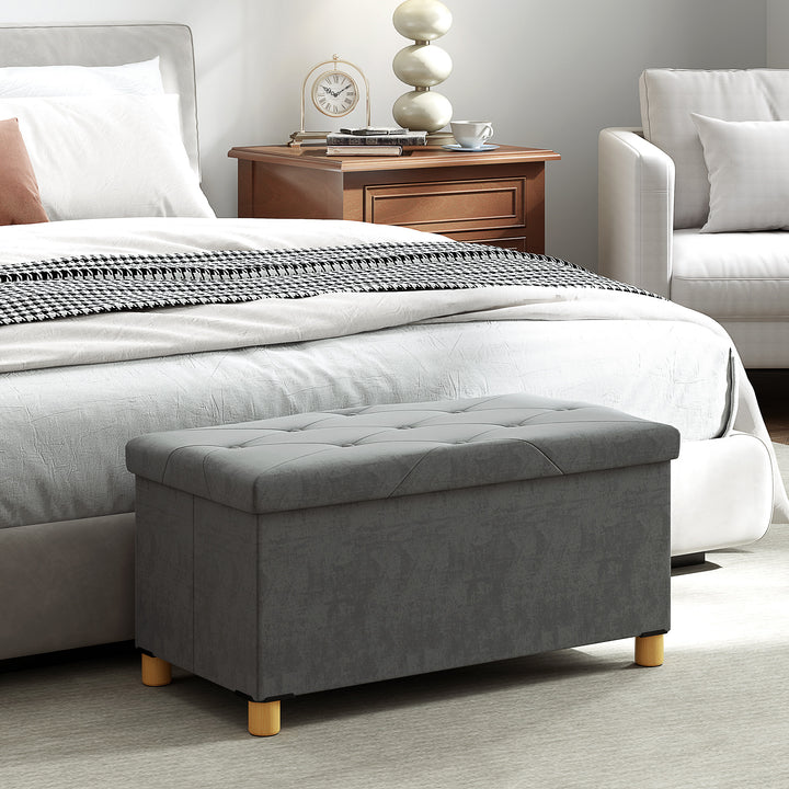 Banco de Armazenamento Dobrável Puff de Armazenamento Capacidade de 67 L Estofado em Veludo Baú de Armazenamento Quarto Carga 120 kg para Sala de Estar Entrada 76x38x38 cm Cinza