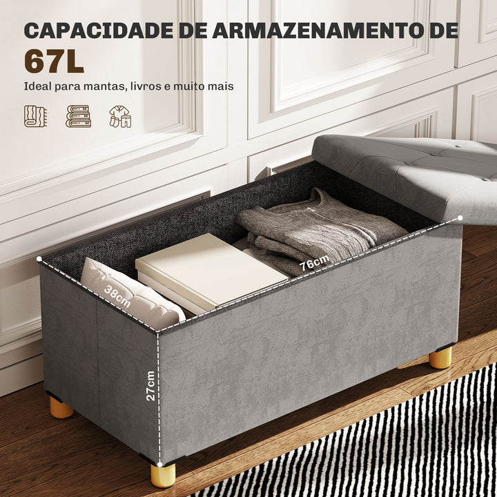 Banco de Armazenamento Dobrável Puff de Armazenamento Capacidade de 67 L Estofado em Veludo Baú de Armazenamento Quarto Carga 120 kg para Sala de Estar Entrada 76x38x38 cm Cinza