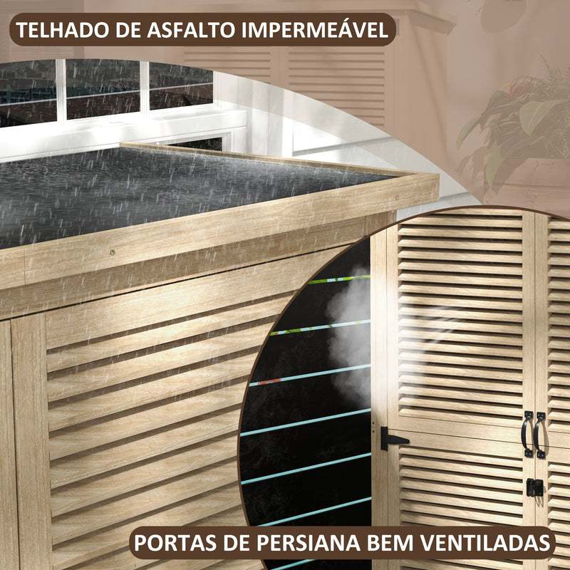 Armário de Jardim de Madeira 0,83 m² 127x65x168 cm Armário Exterior de Madeira com 2 Portas de Persiana 2 Prateleiras 2 Alças e Telhado Impermeável Natural