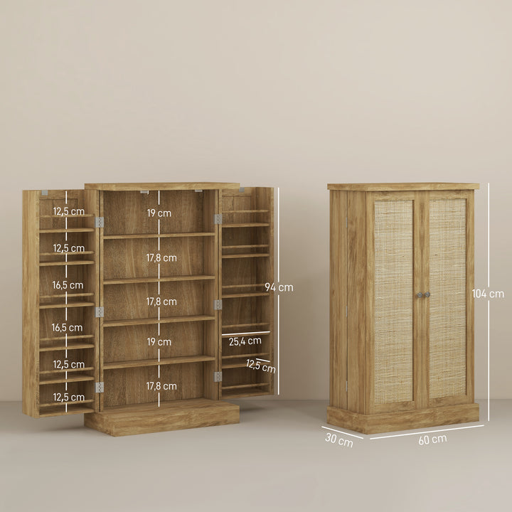 Armário de Cozinha Armário Despensa Cozinha com 2 Portas de Vime e 16 Prateleiras Despensa Moderna com Prateleiras Ajustáveis para Sala de Jantar 60x30x104 cm Madeira