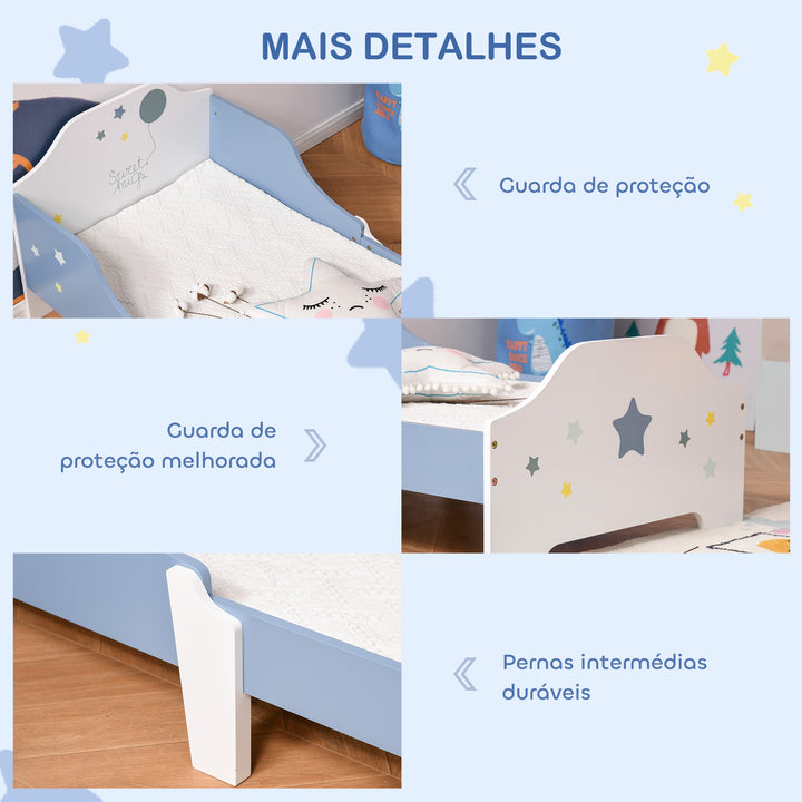 Cama para Crianças acima de 3 Anos 143x74x59 cm Cama Infantil com Desenho em Estrelas Carga 50 kg para Dormitório Azul e Branco