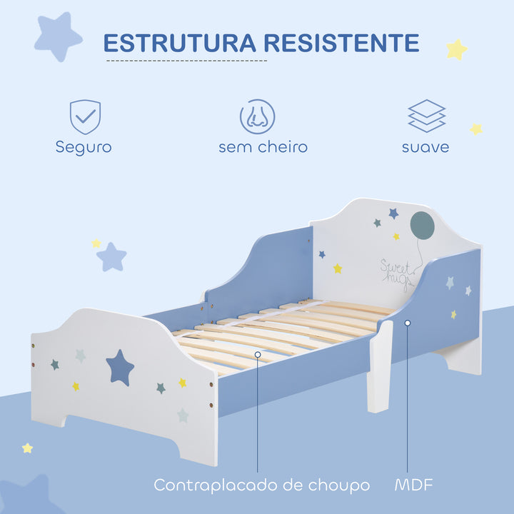 Cama para Crianças acima de 3 Anos 143x74x59 cm Cama Infantil com Desenho em Estrelas Carga 50 kg para Dormitório Azul e Branco