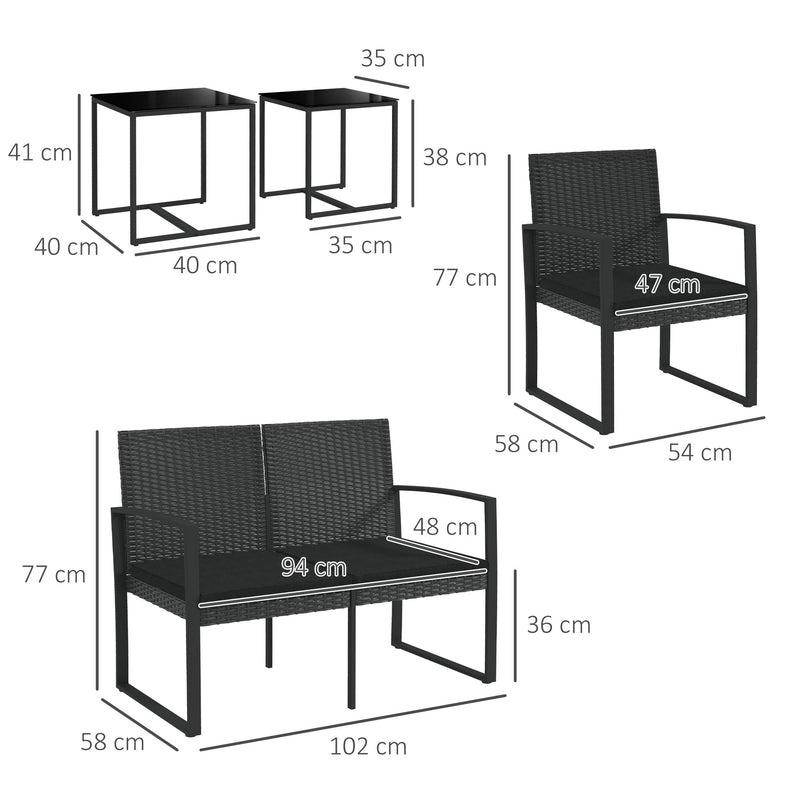 Conjunto de Móveis de Jardim de Vime Sintético Conjunto de Móveis de Exterior de 5 Peças com 2 Poltronas Individuais 1 Sofá Duplo e 2 Mesas de Centro para Pátio Varanda Preto