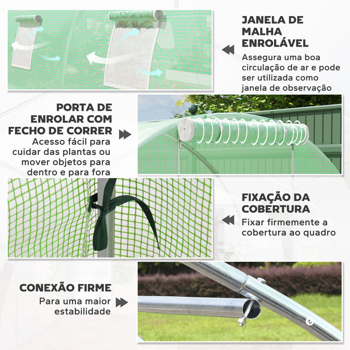 Estufa Tipo Túnel 6x3x2 m Estufa de Exterior com Paredes Laterais Enroláveis 8 Janelas de Malha e Porta Enrolável com Fecho de Correr para Jardim Pátio Verde