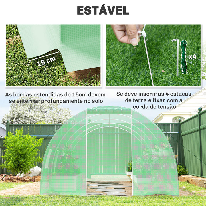 Estufa Tipo Túnel 6x3x2 m Estufa de Exterior com Paredes Laterais Enroláveis 8 Janelas de Malha e Porta Enrolável com Fecho de Correr para Jardim Pátio Verde