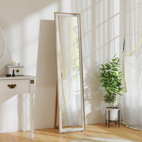 Espelho de Pé 157x37 cm com Moldura em MDF Espelho de Parede Retangular para Pendurar com Suporte 2 Formas de Utilização para Sala de Estar Entrada e Quarto Madeira e Prata