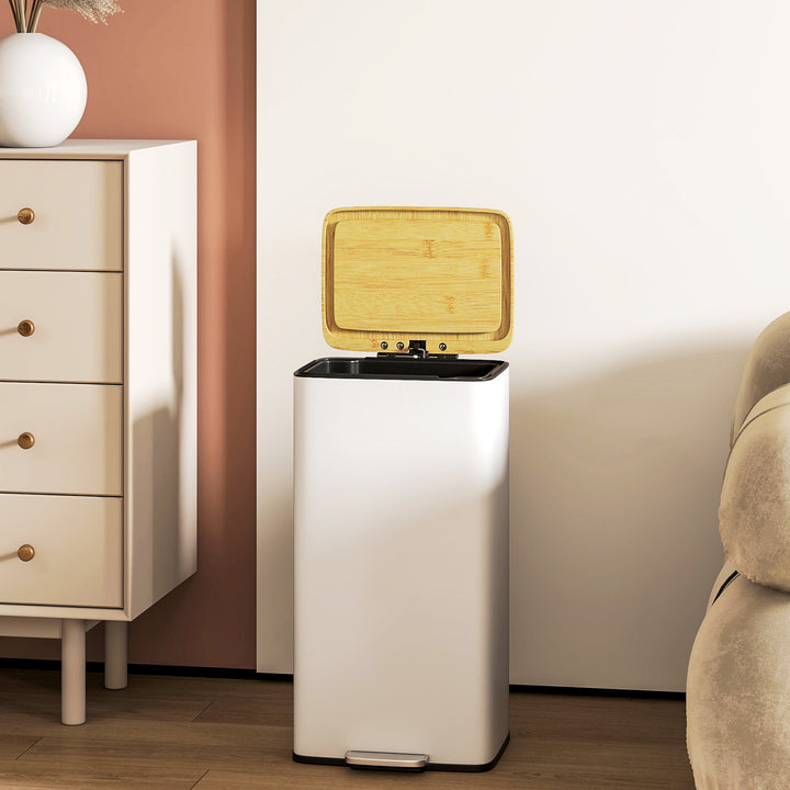 Balde de Lixo de Cozinha com Pedal 20L Tampa de Bambu com Fecho Suave Balde de Cozinha com Balde Interior Removível Anti-Impressões Digitais 29,5x29,5x56,8 cm Branco e Madeira