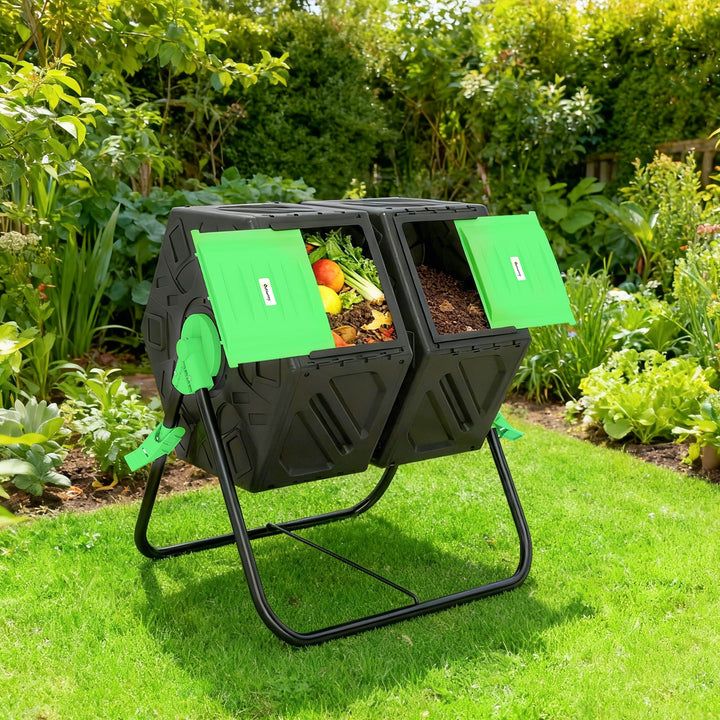 Compostor Giratório de 130L Recipiente de Compostagem de Jardim de Dupla Câmara Compostor com Aberturas de Ventilação e Pés de Aço 67x60x77 cm Preto e Verde