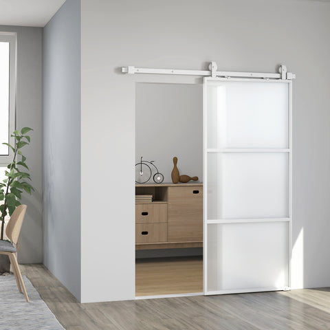 Porta de Correr com Acessórios Porta de Correr de Vidro com Mecanismo de Fecho Suave para Casa de Banho Sala de Estar Cozinha 91,4x203,2 cm Branco