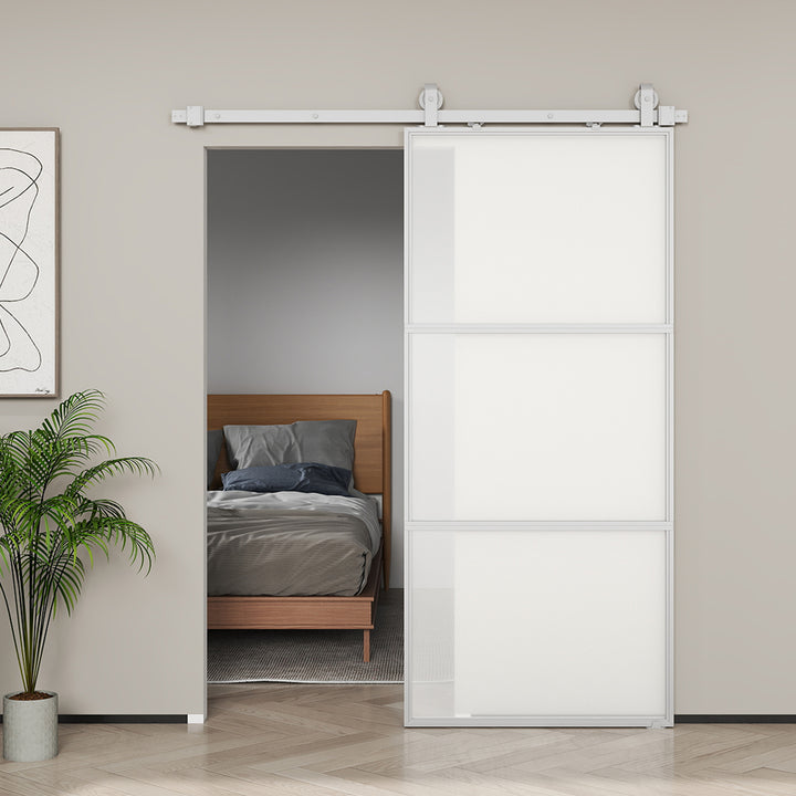 Porta de Correr com Acessórios Porta de Correr de Vidro com Mecanismo de Fecho Suave para Casa de Banho Sala de Estar Cozinha 91,4x203,2 cm Branco