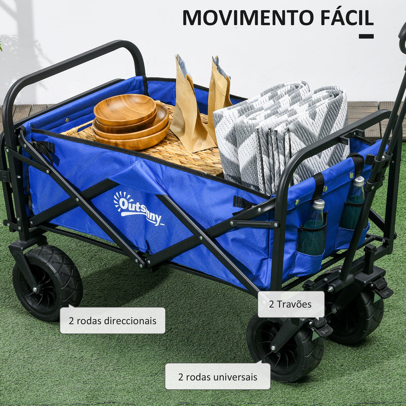 Carrinho de Transporte Carrinho Dobrável para Jardim com Comprimento e Ângulo do Guiador Ajustáveis e Bolsa de Transporte Capacidade 100 kg 99x57x77-100 cm Azul Escuro