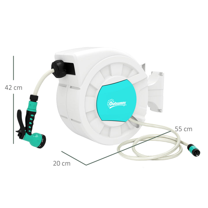 Carretel de Mangueira Retrátil de Parede Carretel de Mangueira de Jardim de 25+2 m e Bloqueio de Retorno Automático Bocal com 7 Funções e Giro de 180° 55x20x42 cm Cinza Claro