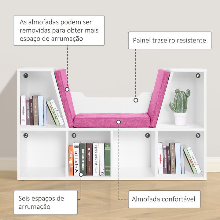 Estante Infantil com Assento Estante com 6 Cubos e Banco com Almofada 102x30x61cm Branco e Rosa
