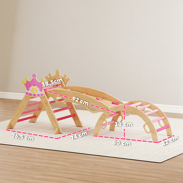 Conjunto de Escalada em Madeira Estrutura Montessori de Escalada Tema de Coroa com Arco e Rampa para Deslizar ou Escalar para Crianças de 18-48 Meses Interior Rosa