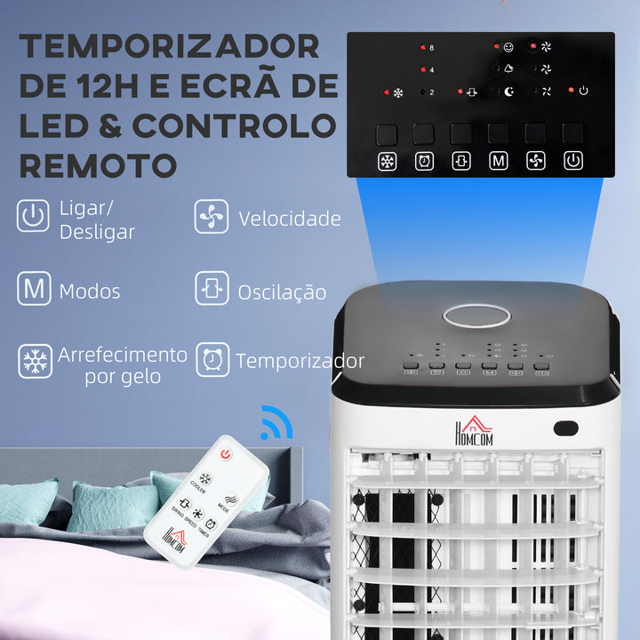 Climatizador Refrigerador de Ar Portátil 3,5 L 3 em 1 Climatizador Humidificador Ventoinha 65W Ecrã LED Controlo Remoto Temporizador Oscilação 3 Velocidades 3 Modos 24,5x27x60 cm Branco