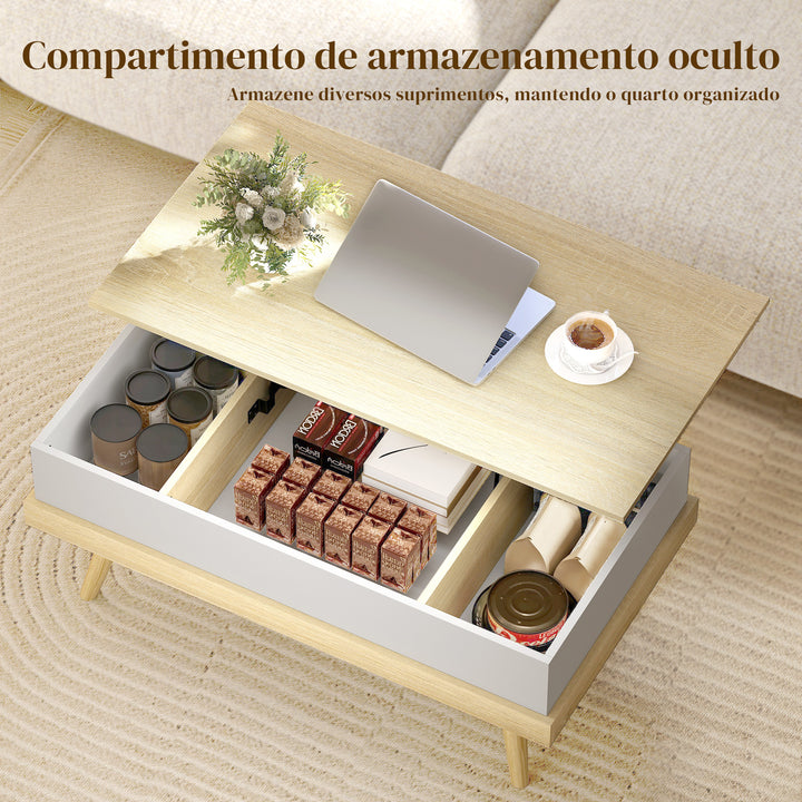 Mesa de Centro Elevatória Mesa de Centro Sala de Estar com 3 Compartimentos de Armazenamento Ocultos e Pés de Madeira para Escritório Dormitório 100x79x54 cm Madeira e Branco
