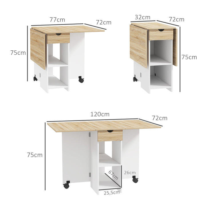 Mesa de Cozinha Dobrável Mesa de Sala de Jantar com Rodas Laterais Rebatíveis Gaveta e Prateleiras Mesa Dobrável para 2-4 Pessoas 120x72x75 cm Madeira e Branco