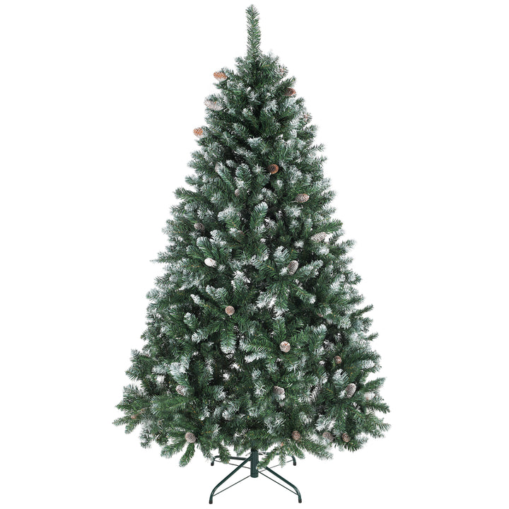 Árvore de Natal Artificial 180 cm Árvore de Natal com 910 Ramos com Efeito Neve 58 Pinhas e Suporte Metálico Dobrável Montagem Fácil para Sala Interior Verde