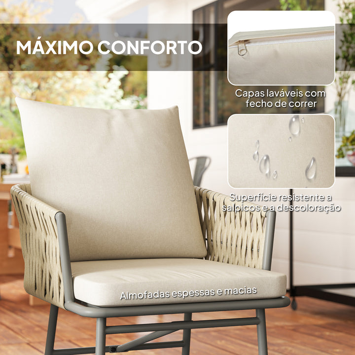 Conjunto de Jardim de 3 Peças Móveis de Jardim com 2 Cadeiras com Almofadas Removíveis e Laváveis e Mesa com Bancada de Metal Impermeável e Anti-UV para Varanda e Pátio Cinza e Creme