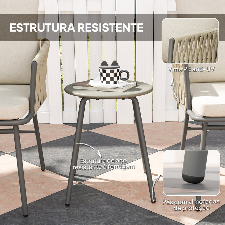 Conjunto de Jardim de 3 Peças Móveis de Jardim com 2 Cadeiras com Almofadas Removíveis e Laváveis e Mesa com Bancada de Metal Impermeável e Anti-UV para Varanda e Pátio Cinza e Creme