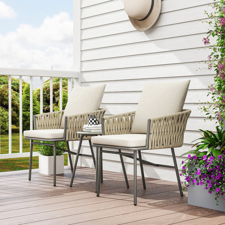 Conjunto de Jardim de 3 Peças Móveis de Jardim com 2 Cadeiras com Almofadas Removíveis e Laváveis e Mesa com Bancada de Metal Impermeável e Anti-UV para Varanda e Pátio Cinza e Creme