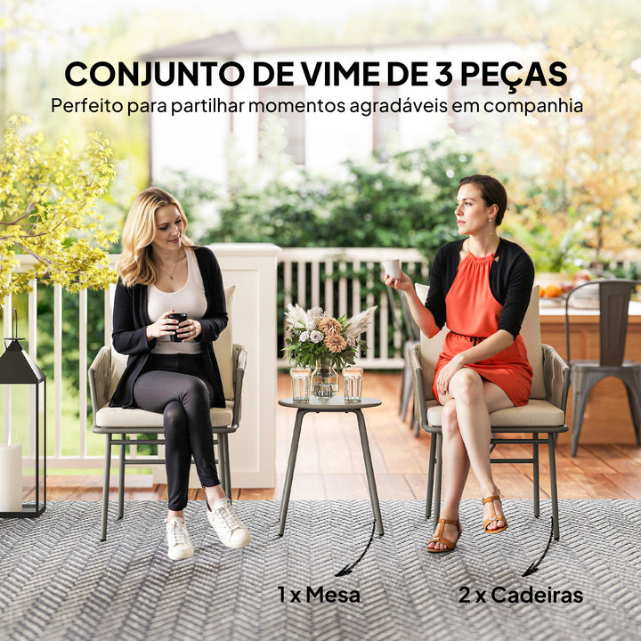 Conjunto de Jardim de 3 Peças Móveis de Jardim com 2 Cadeiras com Almofadas Removíveis e Laváveis e Mesa com Bancada de Metal Impermeável e Anti-UV para Varanda e Pátio Cinza e Creme