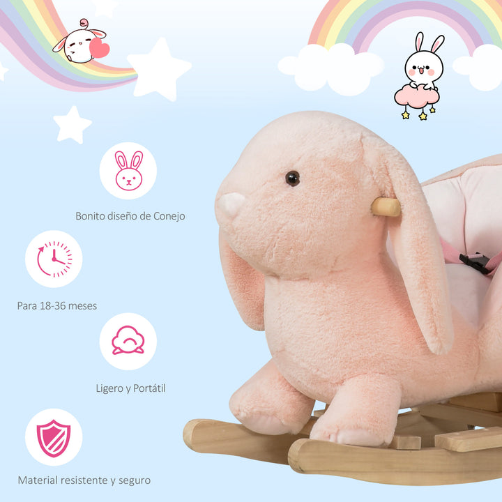 Baloiço Infantil com Forma de Coelho de Pelúcia Baloiço para Bebés 18-36 Meses com Som Cinto de Segurança Guidão e Apoio para os Pés 60x33x50cm Rosa