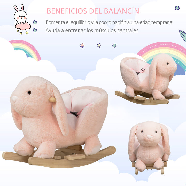 Baloiço Infantil com Forma de Coelho de Pelúcia Baloiço para Bebés 18-36 Meses com Som Cinto de Segurança Guidão e Apoio para os Pés 60x33x50cm Rosa
