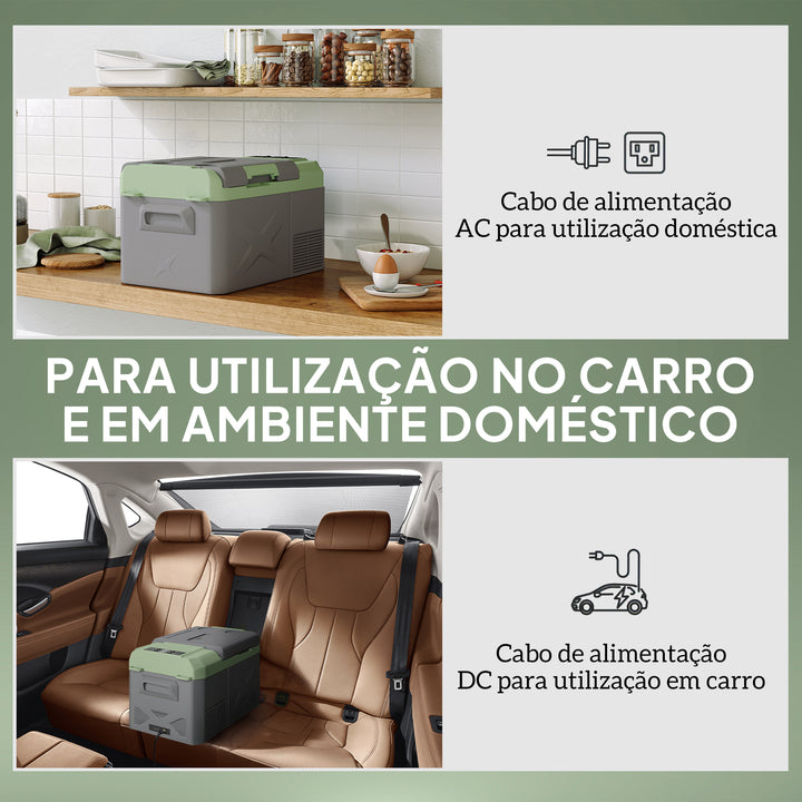 Geleira Portátil Elétrica 17,5L Geleira para Carro -20? a +20 ? 12V/24V Mini Geleira com Rodas Compressor e Ecrã LED Tátil para Casa Campismo Viagens 61x34x32,4 cm Cinza e Verde