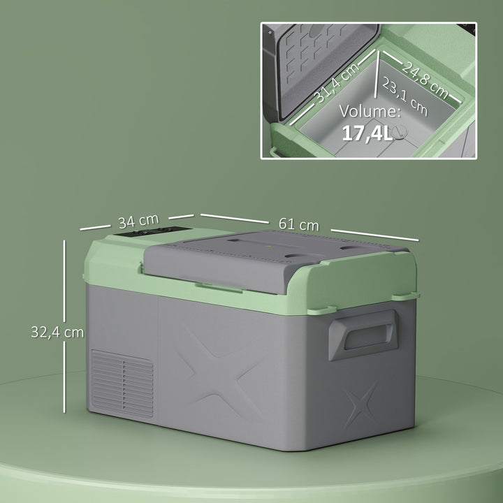 Geleira Portátil Elétrica 17,5L Geleira para Carro -20? a +20 ? 12V/24V Mini Geleira com Rodas Compressor e Ecrã LED Tátil para Casa Campismo Viagens 61x34x32,4 cm Cinza e Verde