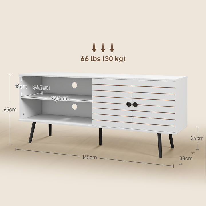 Móvel de TV para Televisores de até 65 Polegadas Móvel de TV para Sala com 2 Prateleiras Abertas 1 Armário com Portas e Orifícios para Cabos 145x38x65 cm Estilo Moderno Branco