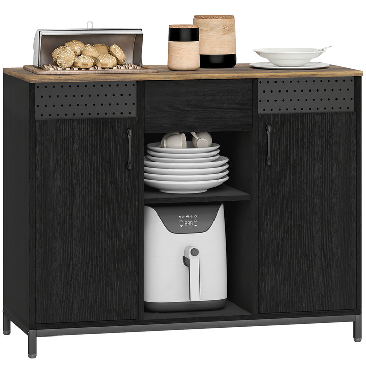 Aparador de 2 Portas com Orifícios Aparador de Sala com 2 Compartimentos e Gaveta Prateleiras Ajustáveis para Cozinha Entrada Dormitório 100x40x80 cm Preto e Castanho Rústico