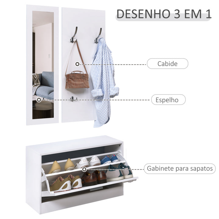 Conjunto de móveis de entrada 3 em 1 com sapateira com espelho e cabide com 4 ganchos para pendurar ropa para corredor 80x27x46,5 cm Branco