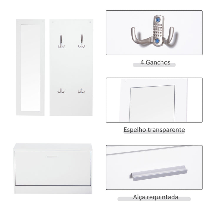 Conjunto de móveis de entrada 3 em 1 com sapateira com espelho e cabide com 4 ganchos para pendurar ropa para corredor 80x27x46,5 cm Branco