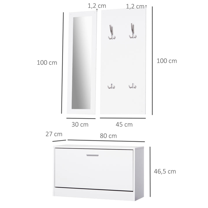Conjunto de móveis de entrada 3 em 1 com sapateira com espelho e cabide com 4 ganchos para pendurar ropa para corredor 80x27x46,5 cm Branco