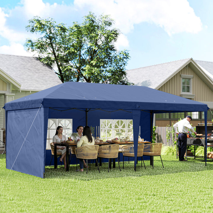 Tenda Dobrável 6x3 m Pop-up com 4 Laterais Desmontáveis Tenda de Jardim com 2 Janelas Visíveis Saco de Transporte Impermeável Anti-UV Tenda para Campismo Festas Exterior Azul