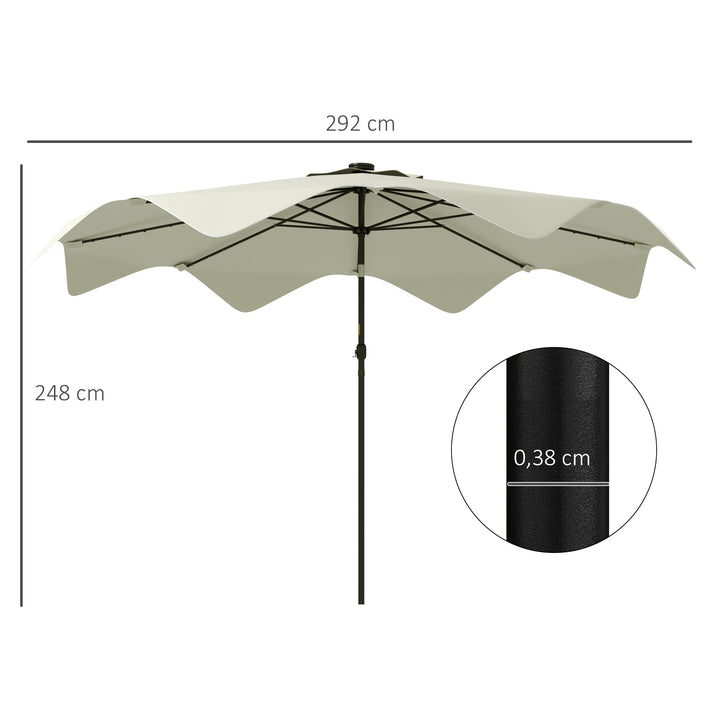 Chapéu de Sol de Jardim Ø292x248 cm Chapéu de Sol com Manivela 32 Luzes LED Solares e 8 Hastes para Pátio Varanda Exterior Creme
