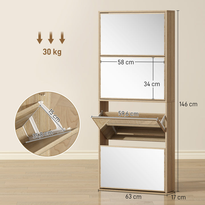 Sapateira Estreita com Espelho 4 Portas Abatíveis Sapateira para Entrada Corredor para 12 Pares de Sapatos Para Corredor Espaços Reduzidos 63x17x146 cm Madeira