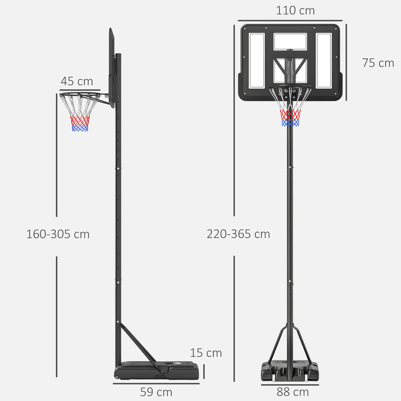 Cesta de Basquetebol de Exterior com Altura Ajustável 220-365 cm Aro de Basquetebol com Suporte Cesta de Basquetebol com Rodas Base Recarregável Preto