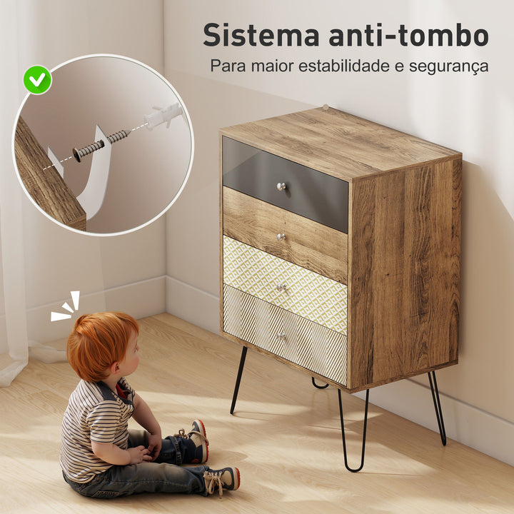 Cómoda 4 Gavetas Cómoda para Quarto com Pés em Forma de V de Aço Cómoda para Sala de Estar Escritório Estilo Boémio 60x39x86 cm Multicor
